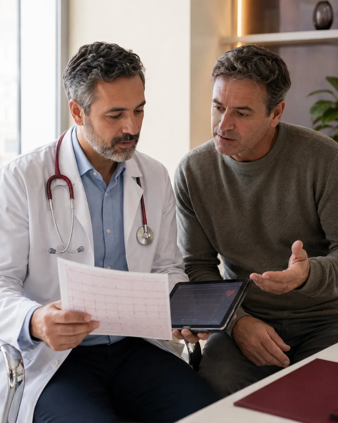 Cardiologista e paciente analisando um eletrocardiograma durante a consulta